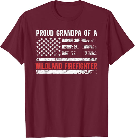Proud Grandpa of A Wildland Firefighter Grandpa US Flag T-Shirt - T-Shirt | Maroon
