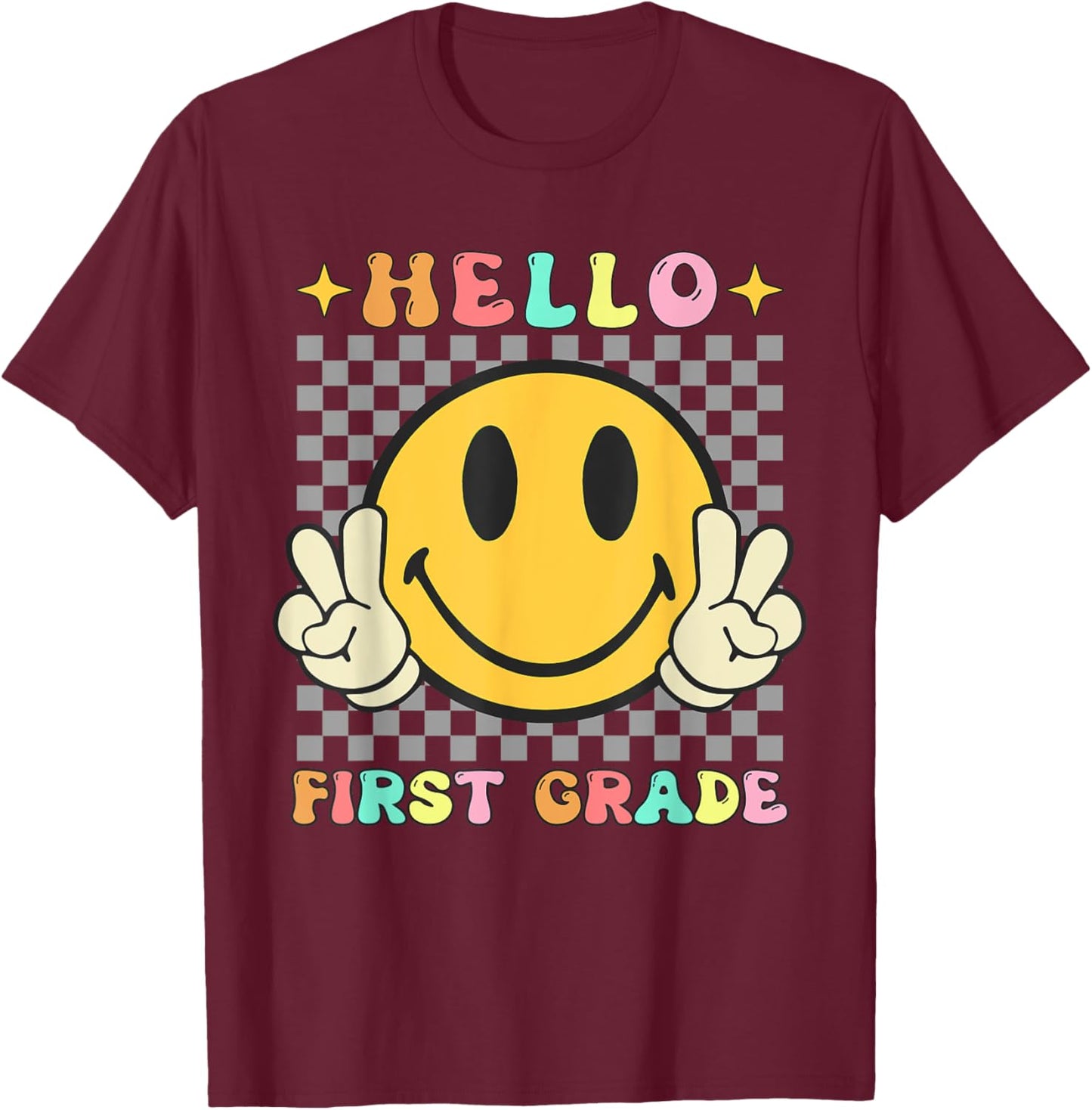 Retro Groovy 1st Grade Back to School Hello First Grade T-Shirt - T-Shirt | Maroon