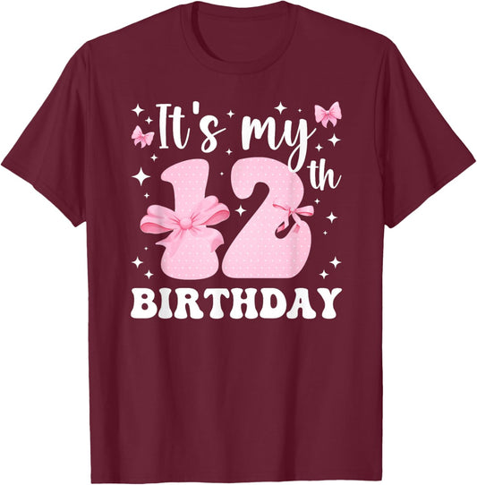 12th Coquette Themed Birthday Twelve Year Old Girl Bow T-Shirt - T-Shirt | Maroon