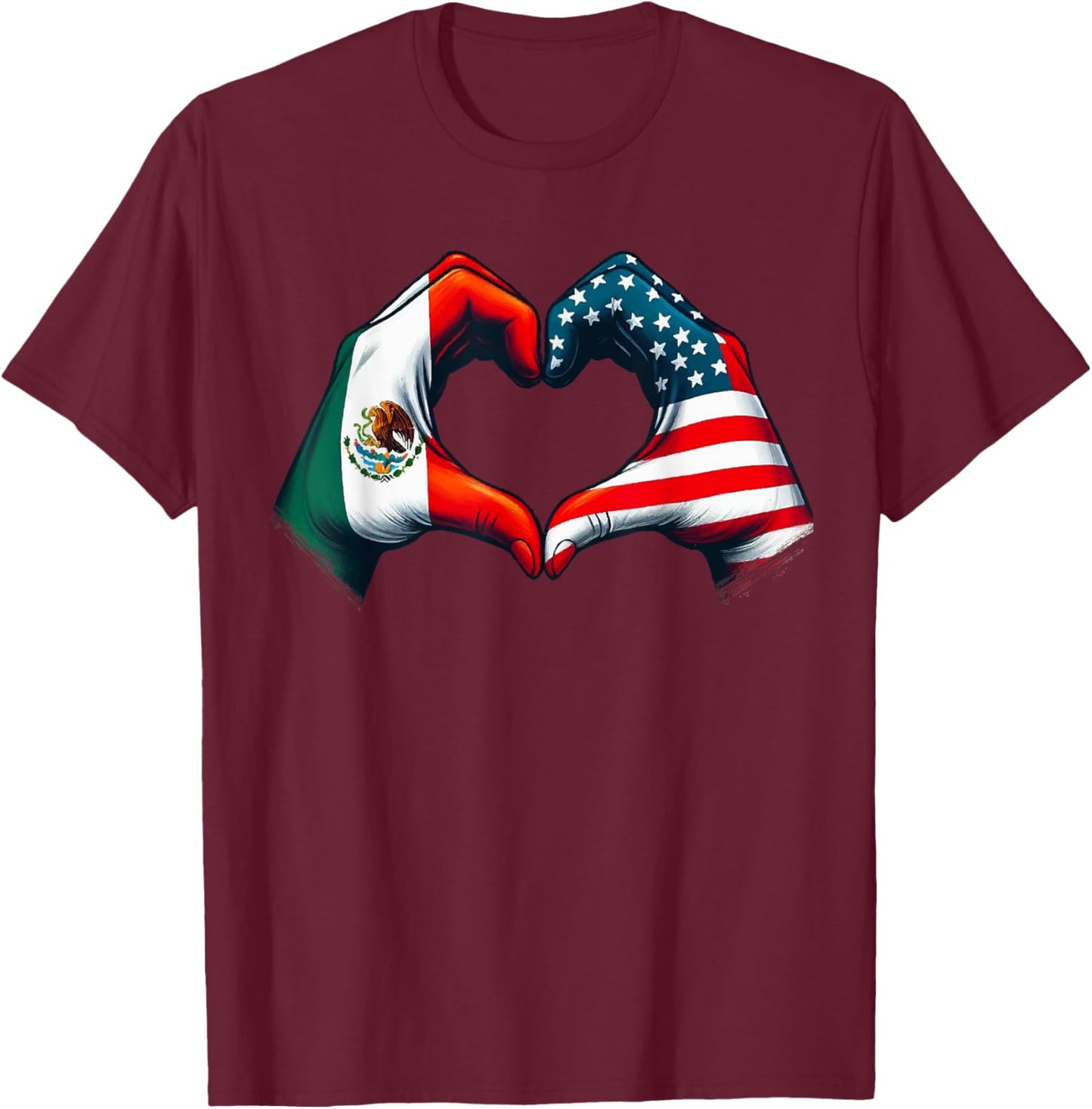 Vintage Mexican American Flag Heart Hands Love Mexico USA T-Shirt - T-Shirt | Maroon