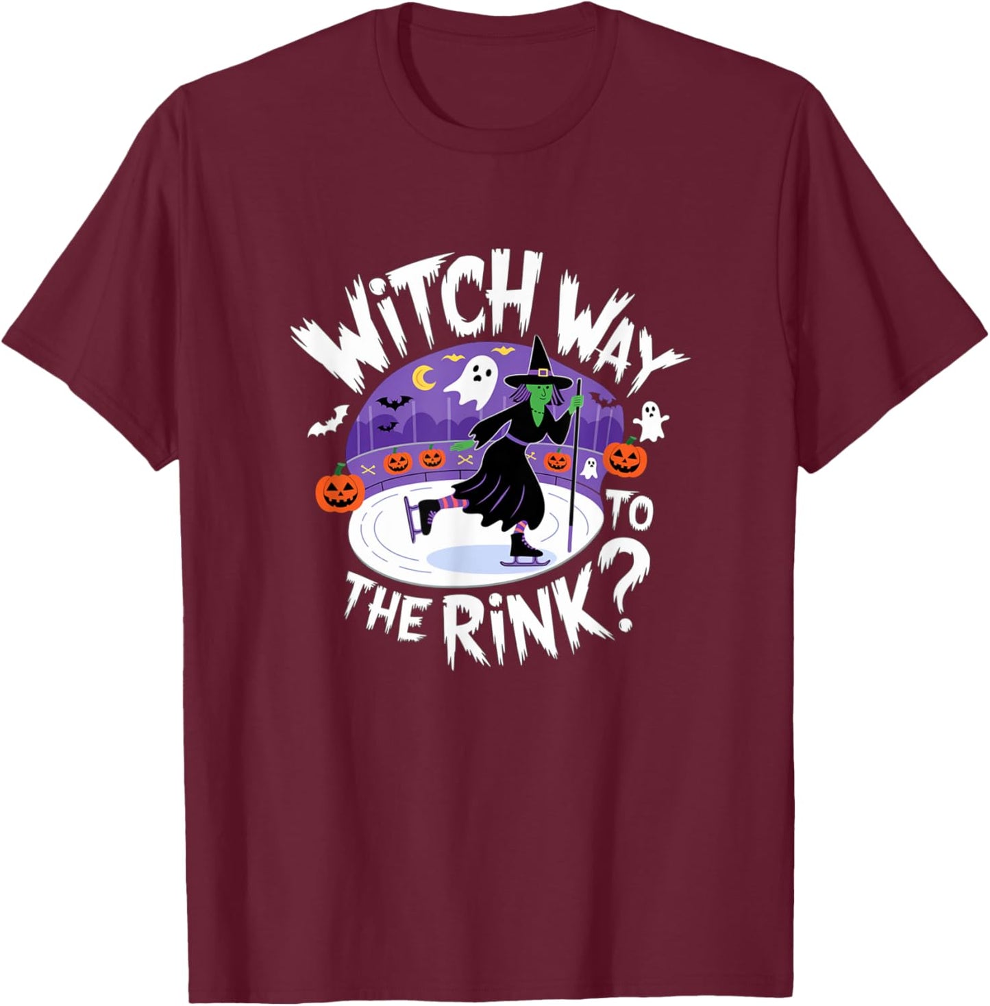 Witch Way to The Rink Funny Spooky Halloween Ice skating T-Shirt - T-Shirt | Maroon