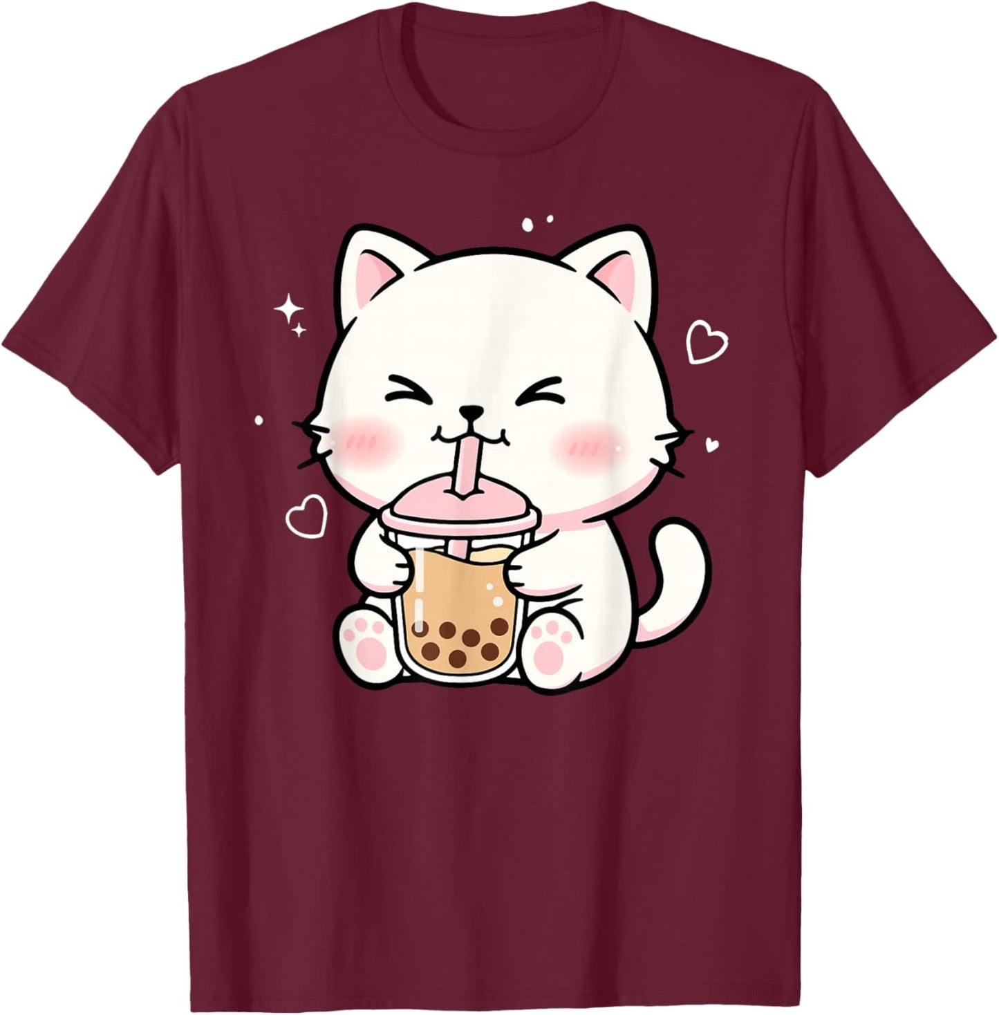 Kawaii Cat Boba Japanese Cute Aesthetic Anime Girls Teens T-Shirt - T-Shirt | Maroon