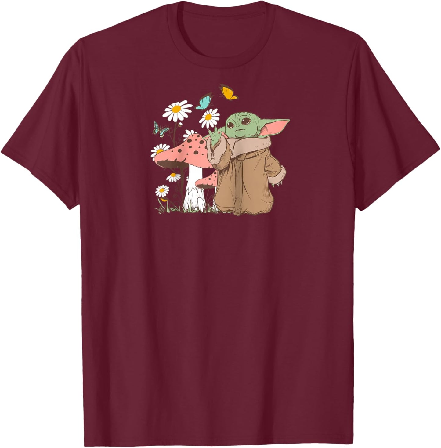 Star Wars The Mandalorian Grogu Flowers & Butterflies Spring Raglan Baseball T-Shirt - T-Shirt | Maroon