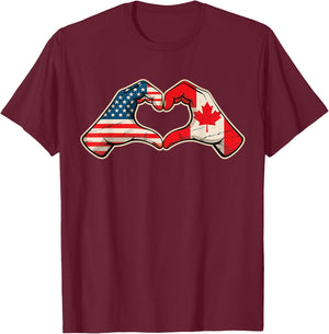 Half Canadian Half American Canada USA Flag Heart T-Shirt - T-Shirt | Maroon