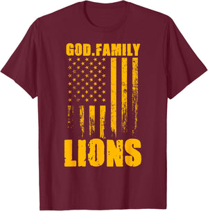Mansfield Lions God. Family. Vintage USA Flag T-Shirt - T-Shirt | Maroon