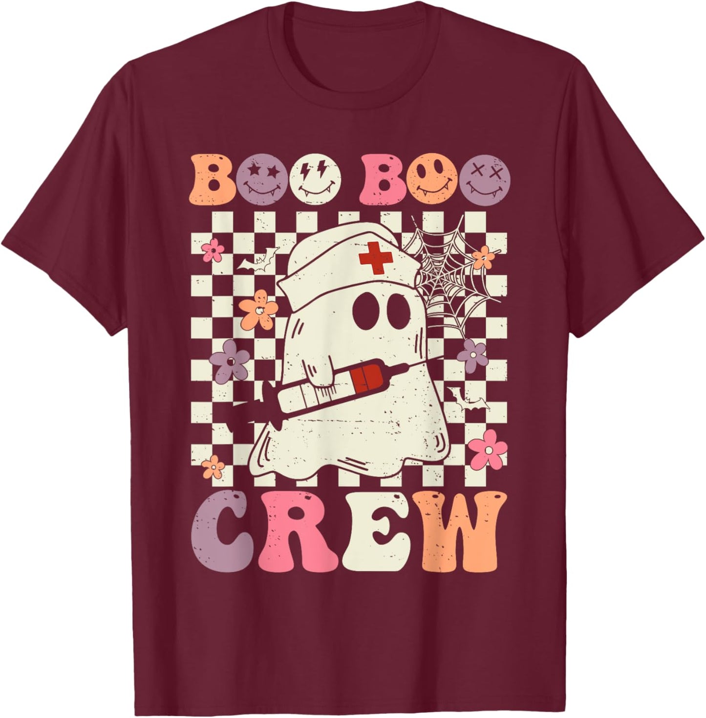 Retro Boo Boo Crew Nurse Halloween Ghost Nursing T-Shirt - T-Shirt | Maroon