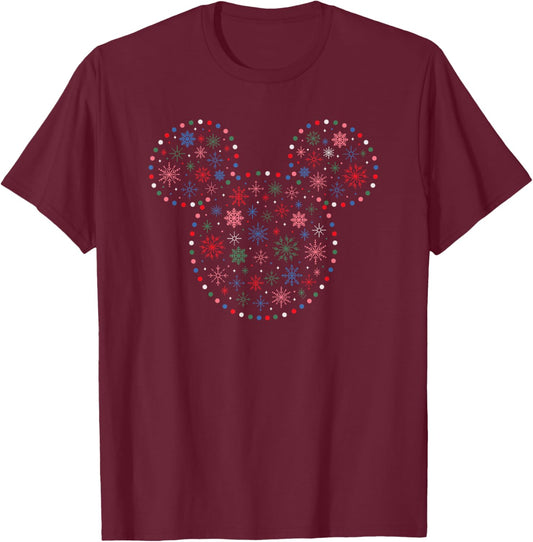 Disney Mickey Mouse Icon Christmas Holiday Lights Snowflakes T-Shirt - T-Shirt | Maroon