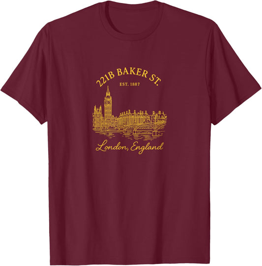 Sherlock Holmes 221B Baker Street London Vintage Design T-Shirt - T-Shirt | Maroon