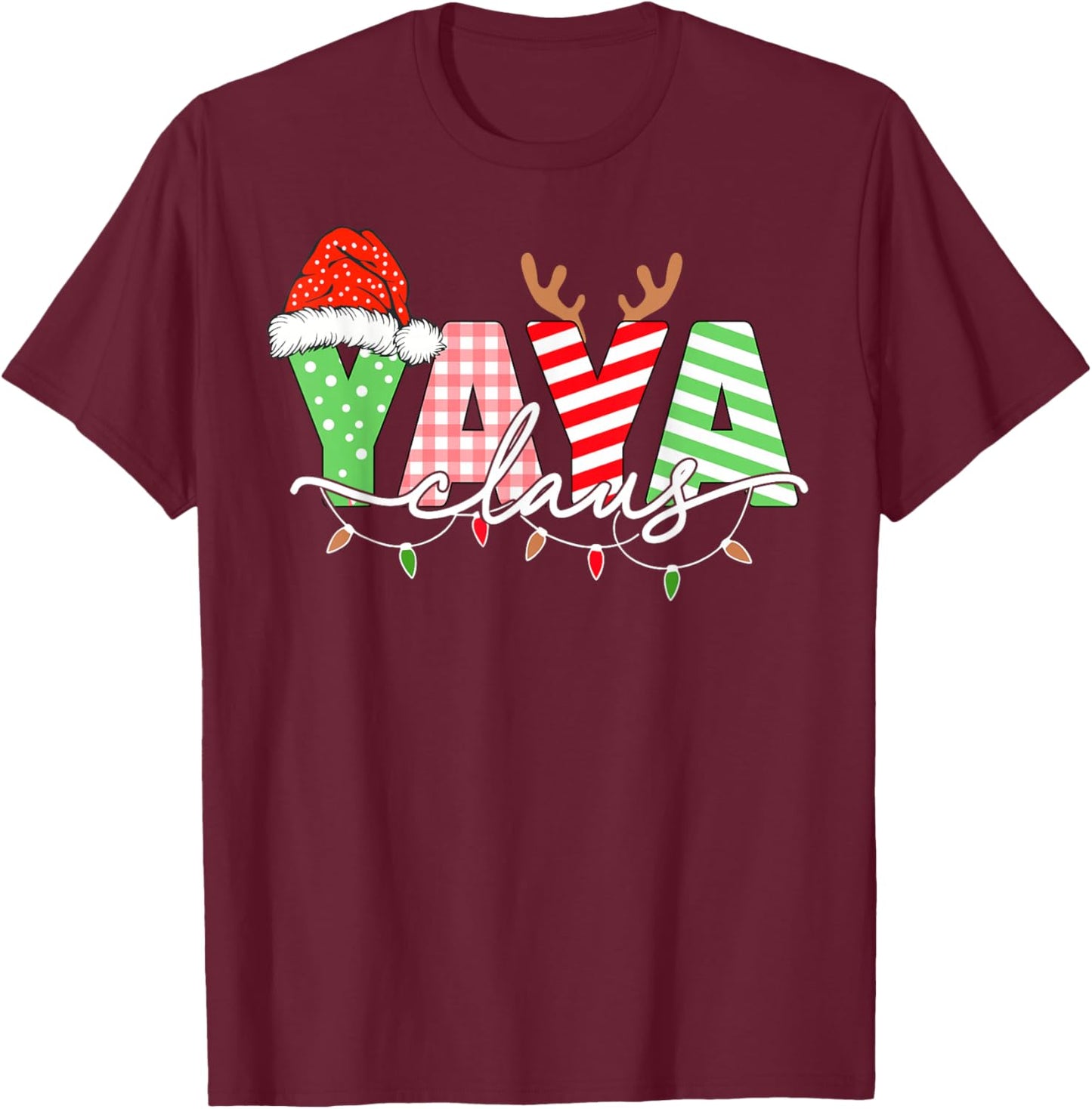 Yaya Claus Christmas Lights Santa Hat Family Matching T-Shirt - T-Shirt | Maroon