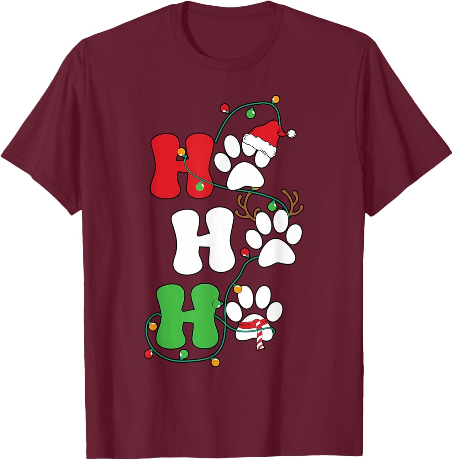 Ho Ho Ho Christmas Dog Paws Print Funny Christmas Dog Lover T-Shirt - T-Shirt | Maroon