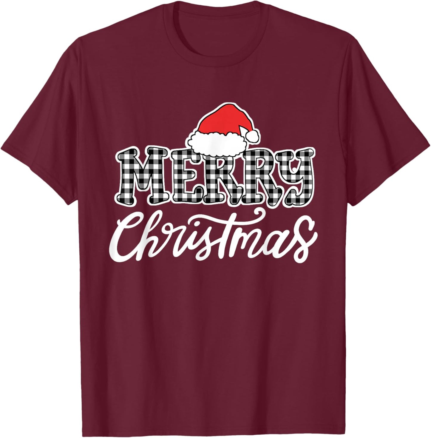 Merry Christmas Buffalo Black and White Plaid Men Women Kids T-Shirt - T-Shirt | Maroon