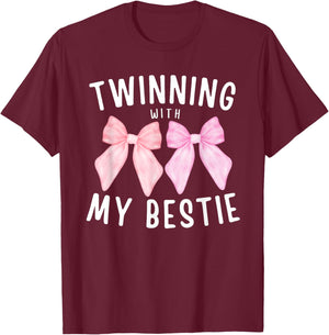 Pink Bow Twinning With My Bestie Twin Matching Twins Friends T-Shirt - T-Shirt | Maroon