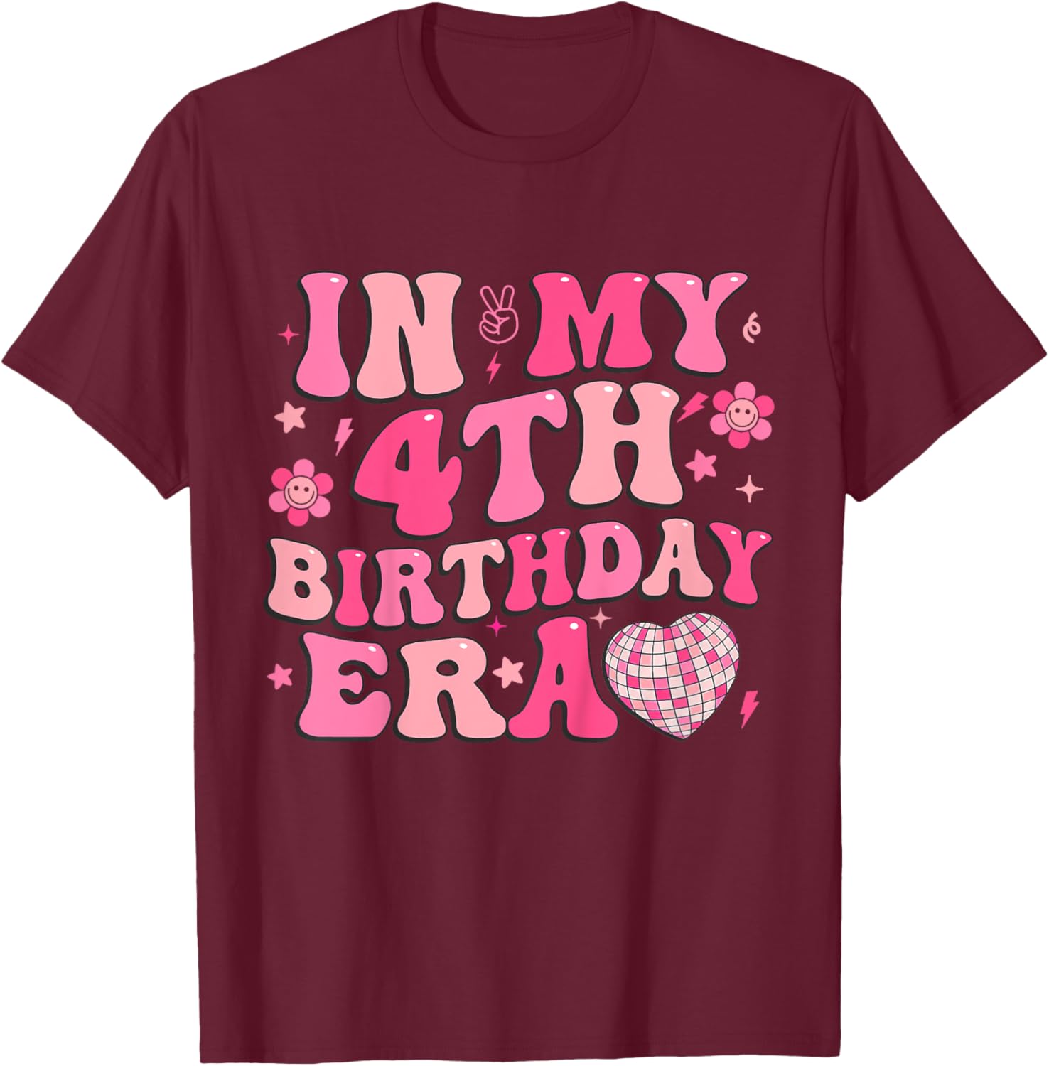 Kids Groovy In My 4th Birthday Era Four 4 Years Old Disco Heart T-Shirt - T-Shirt | Maroon
