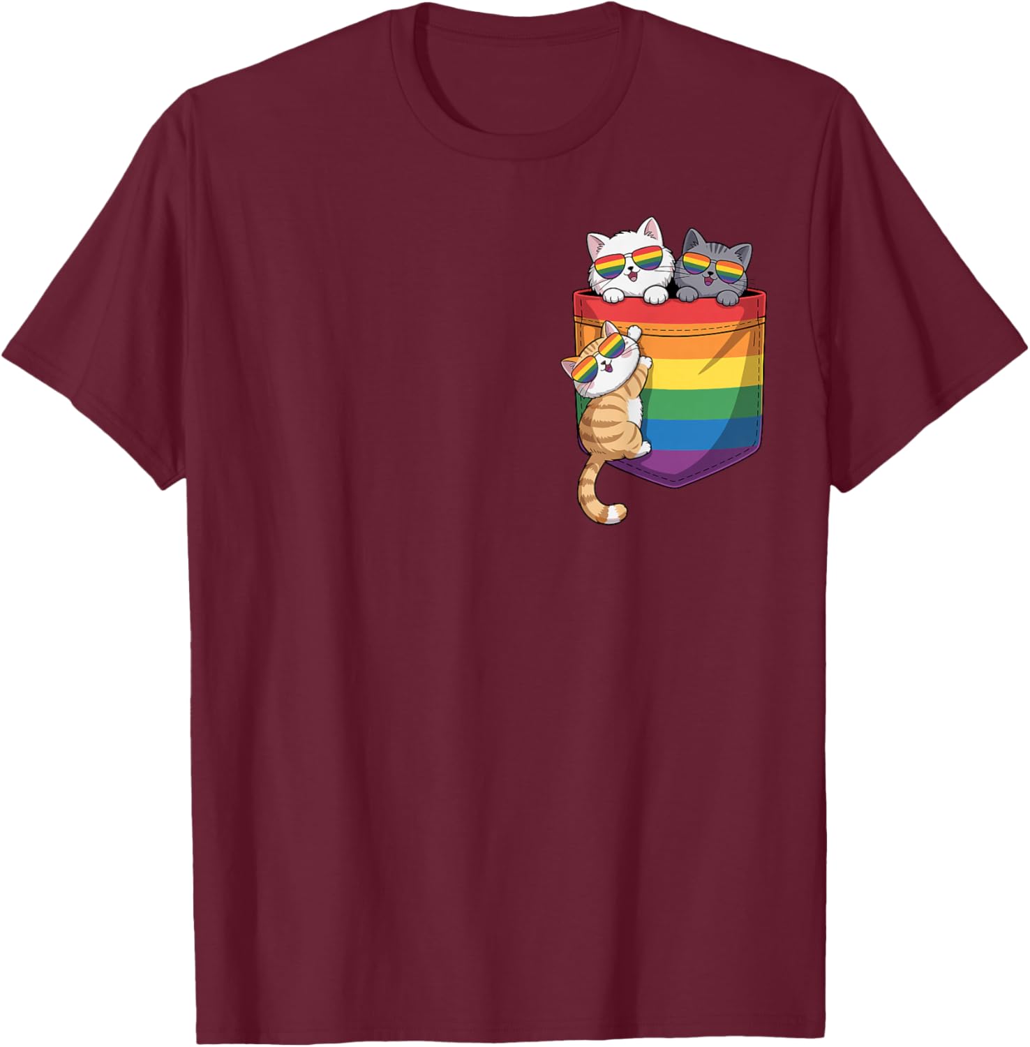 Funny Pocket Cute Cat Ally LGBT Gay Rainbow Flag Pride Month T-Shirt - T-Shirt | Maroon