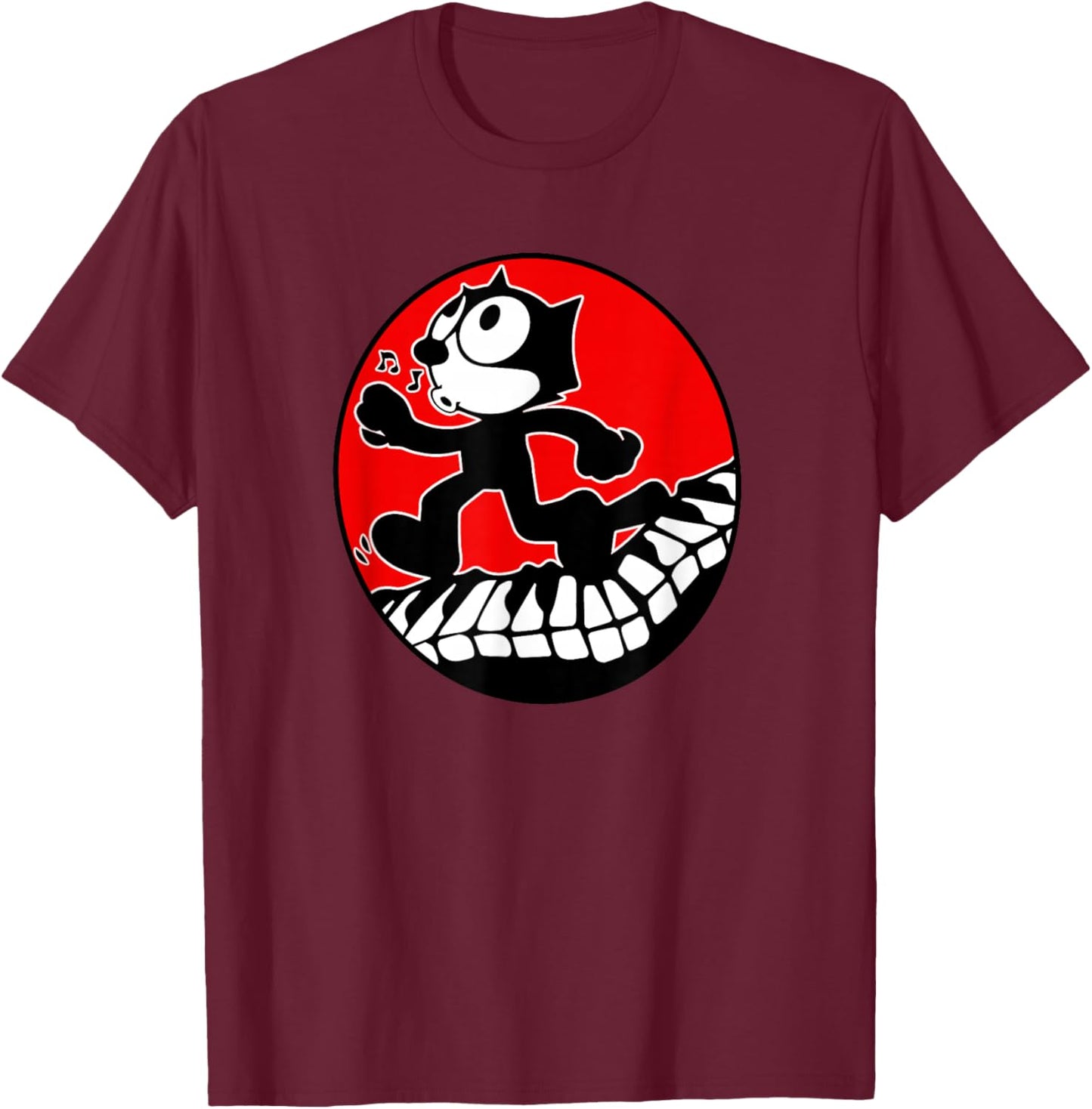 Felix Cartoon Cat Walks and Whistles on Piano Keyboard Retro T-Shirt - T-Shirt | Maroon