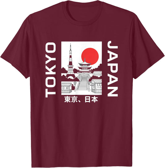 Tokyo Japan Skyline Pagoda Sun Travel Souvenir T-Shirt - T-Shirt | Maroon