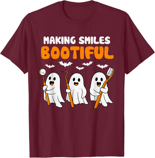 Dentist Smiles Bootiful Ghost Halloween Costume Dental Funny T-Shirt - T-Shirt | Maroon