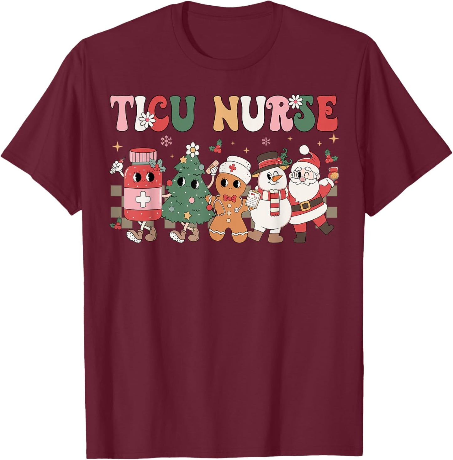 Retro TICU Nurse Christmas Intensive Care Unit Nursing Group T-Shirt - T-Shirt | Maroon