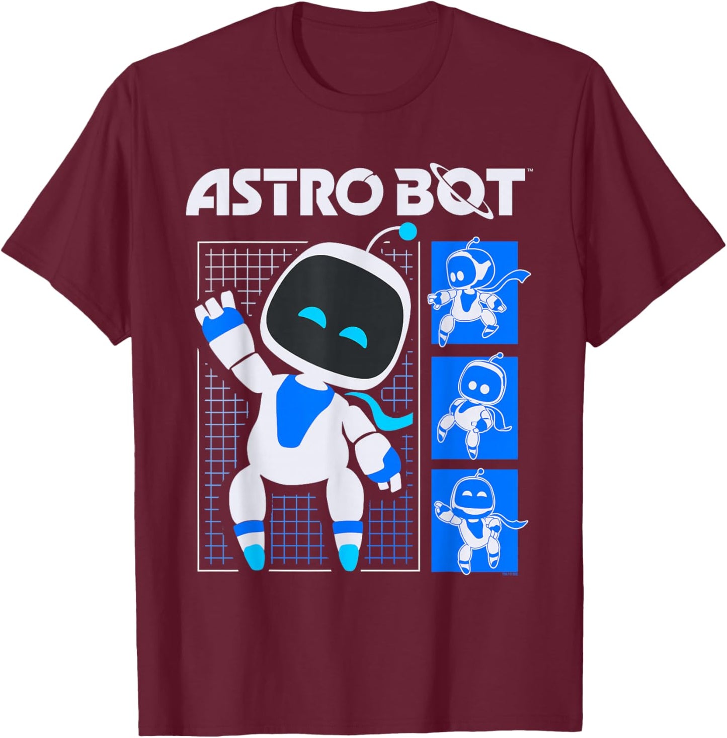 Astro Bot Pose Grid Collage with Logo Video Game T-Shirt - T-Shirt | Maroon