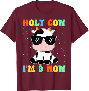 Kids Holy Cow I'm Two 9 Years Old 9th Birthday Boy Girl T-Shirt - T-Shirt | Maroon