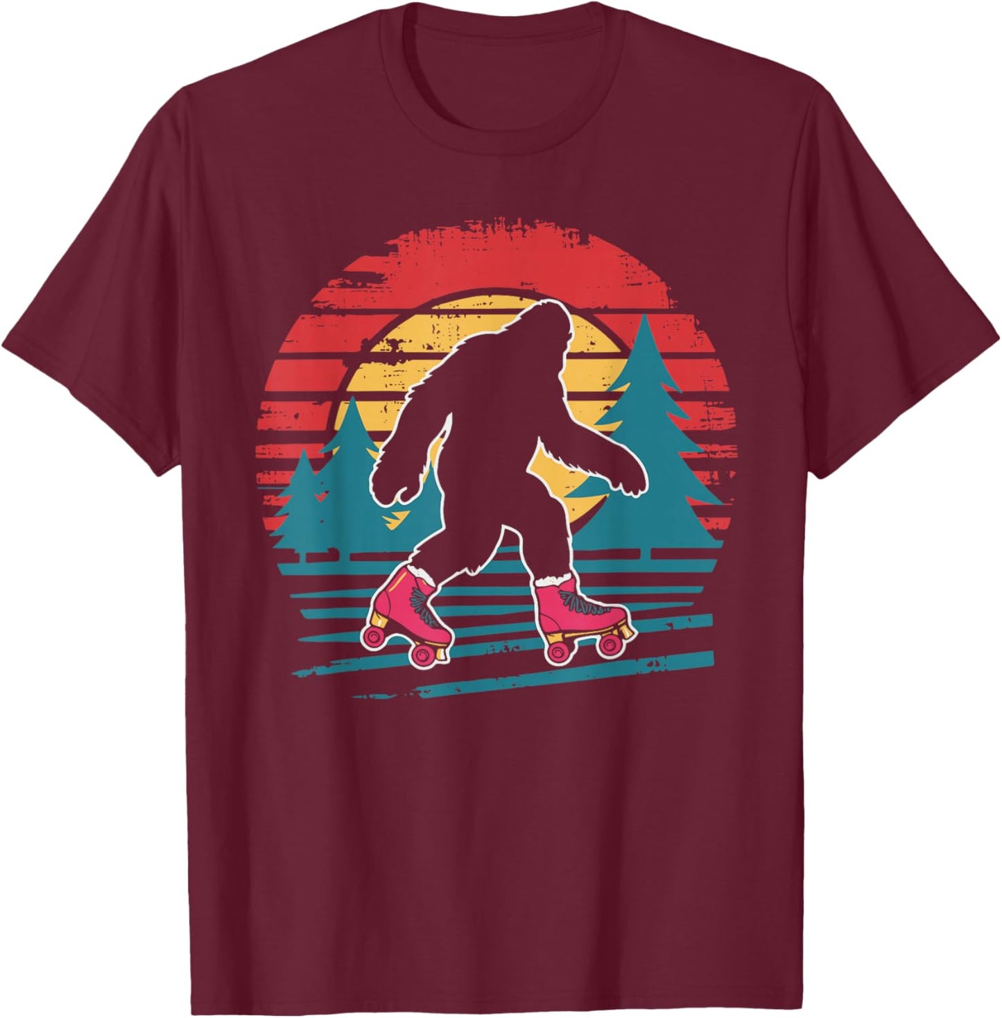 Retro Bigfoot Roller Skating Sasquatch 80s Skater T-Shirt - T-Shirt | Maroon