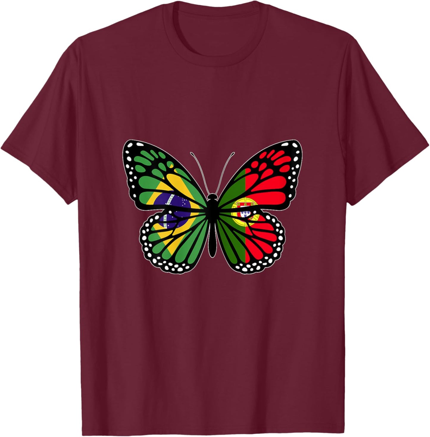 Brazil and Portugal Mix Butterfly Half Brazilian Portuguese T-Shirt - T-Shirt | Maroon
