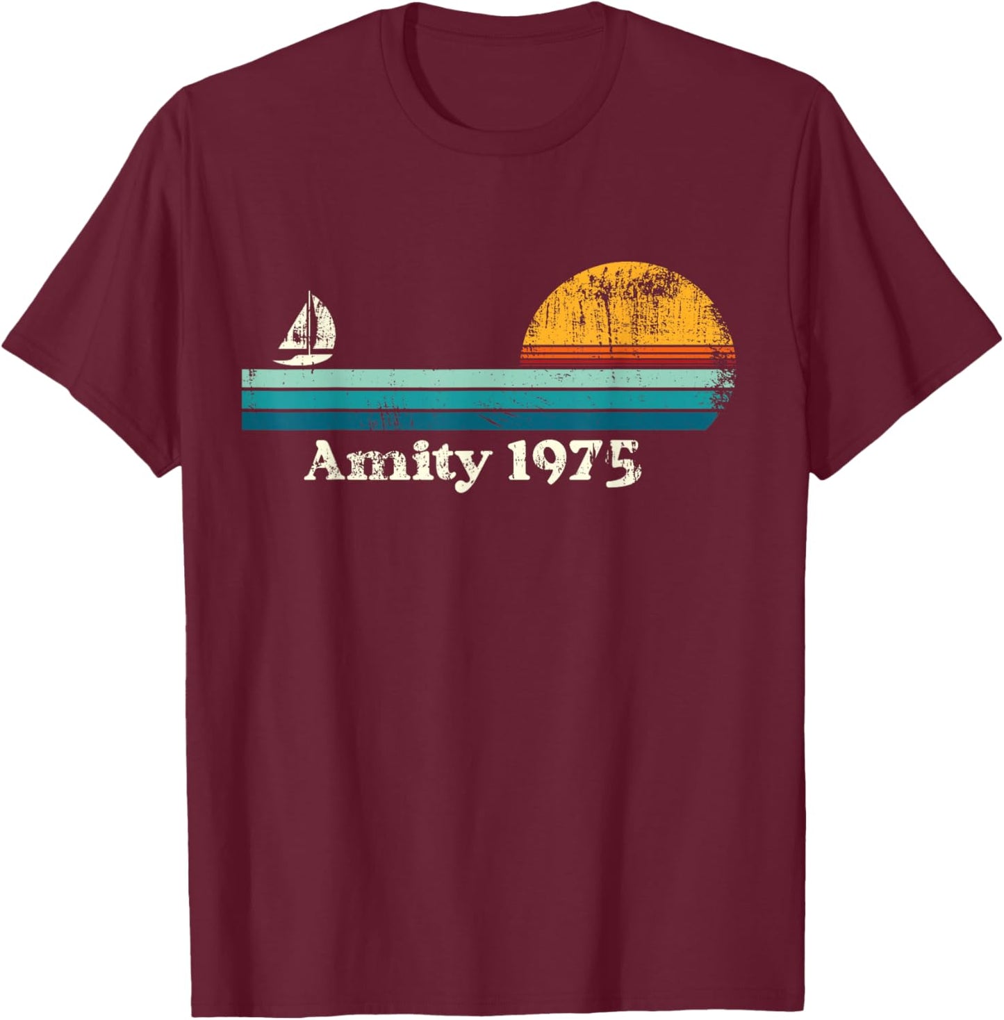 Vintage Amity 1975 Sunset Retro Sailboat Sunrise Summer T-Shirt - T-Shirt | Maroon