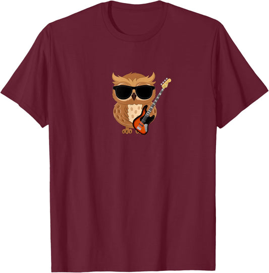 Funny Owl Wearing Sunglasses Playing Bass Guitar T-Shirt - T-Shirt | Maroon