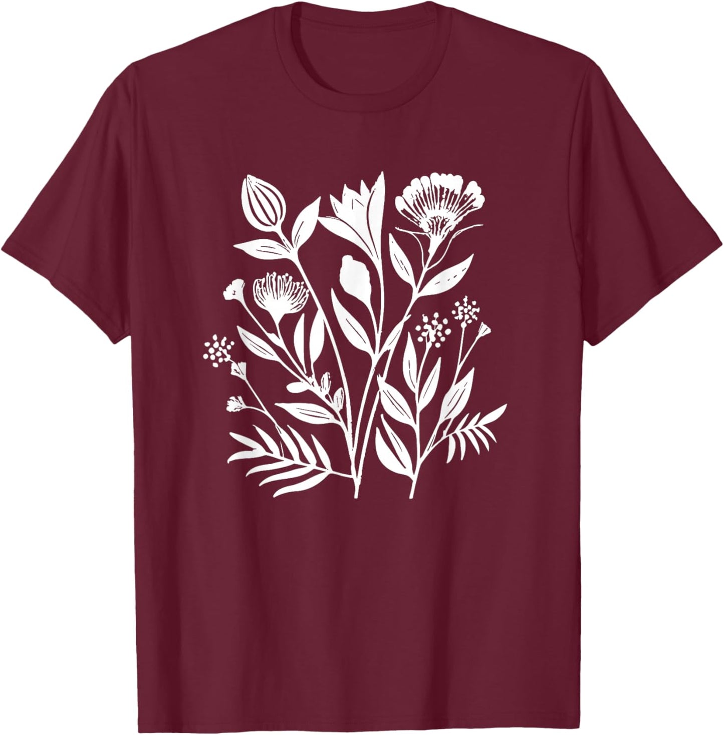White Botanical Silhouette Flower Stamp T-Shirt - T-Shirt | Maroon