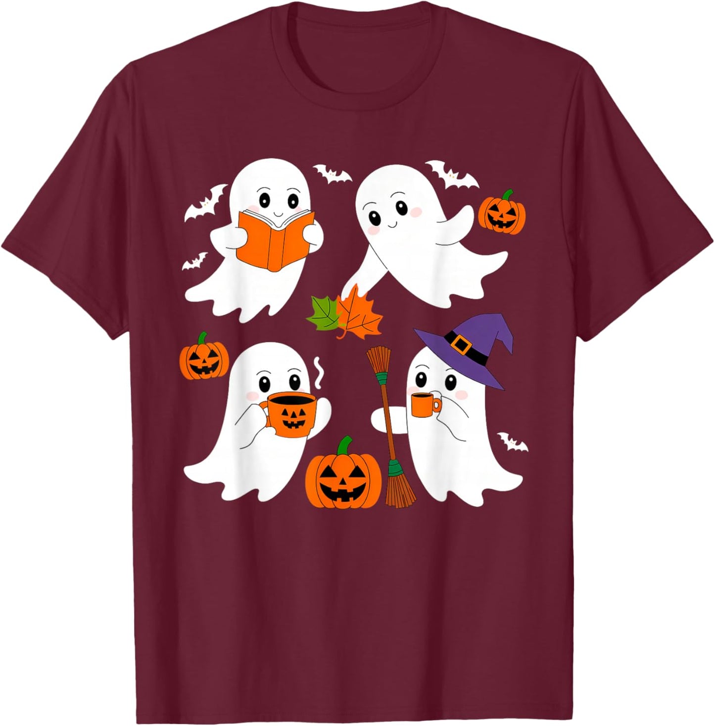 Cute Ghost Drinking Coffee Halloween Fall Ghost Book Reading T-Shirt - T-Shirt | Maroon