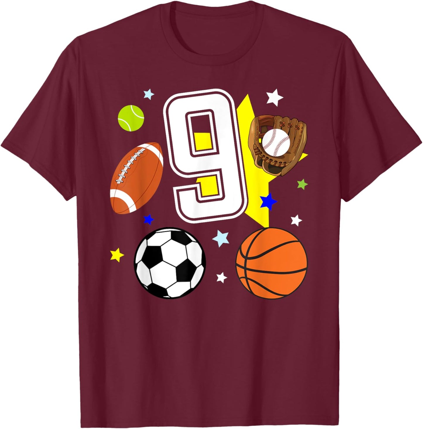 9th Birthday Sports Birthday Theme 9 Year Old Boy T-Shirt - T-Shirt | Maroon