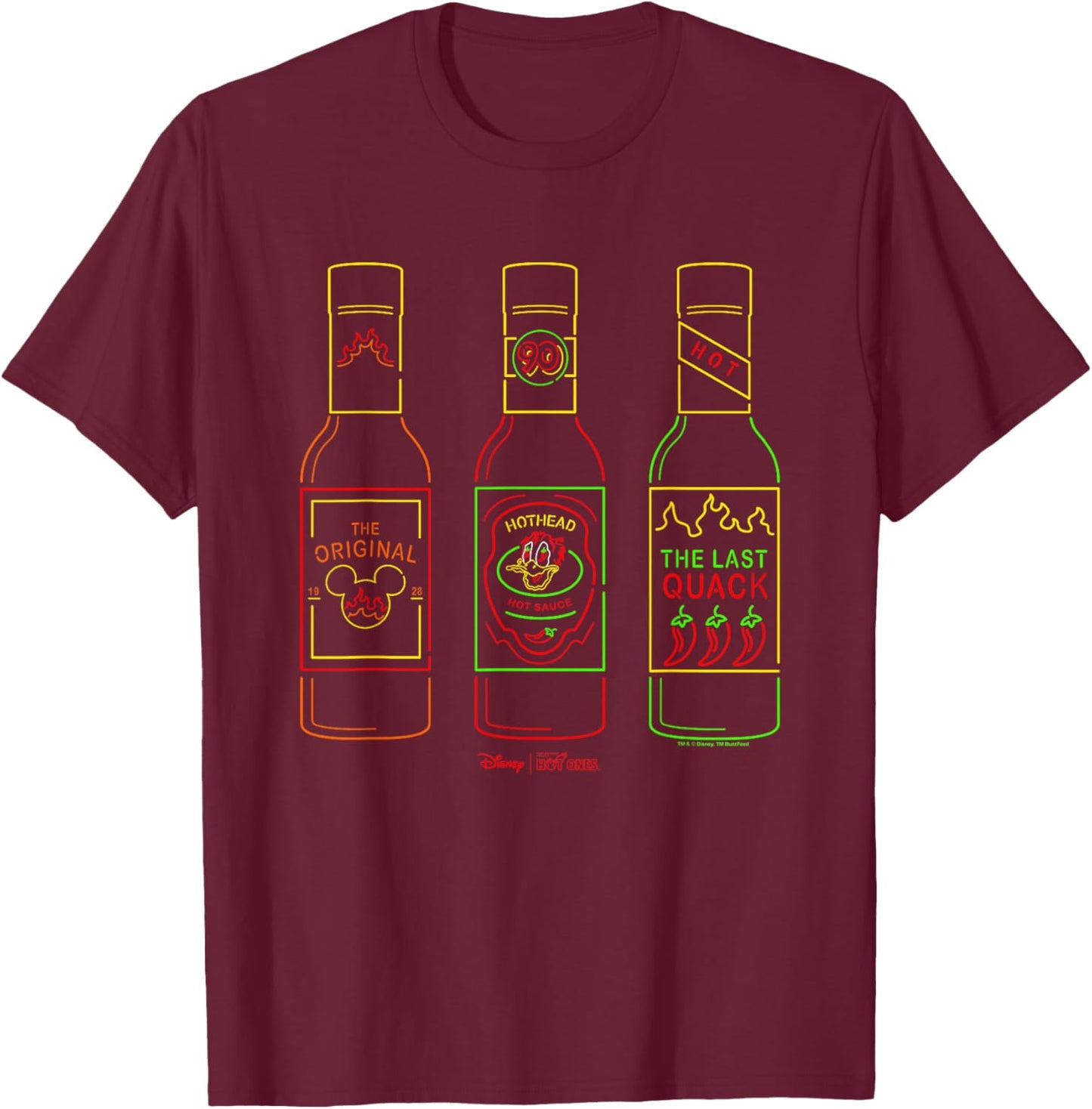 Disney Hot Ones Donald Duck Sauces Lineup Retro Neon Outline T-Shirt - T-Shirt | Maroon