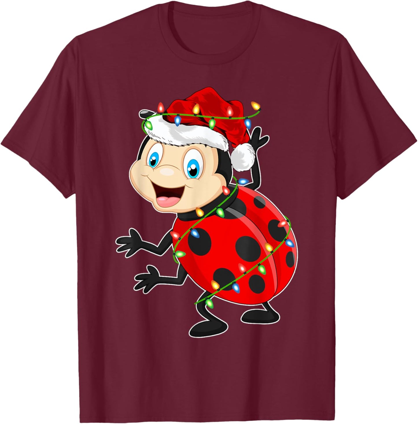 Xmas Lights Santa Hat Ladybug Christmas T-Shirt - T-Shirt | Maroon