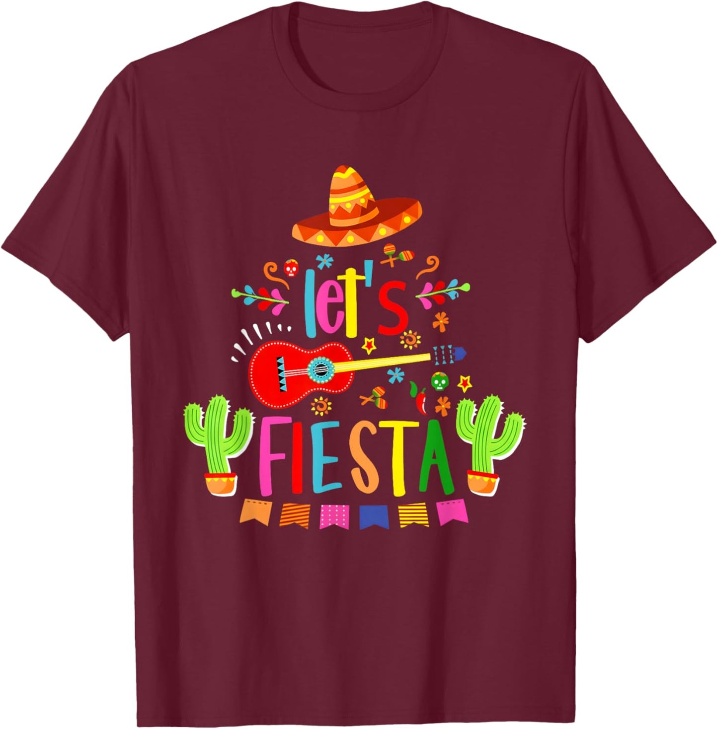 Let's Fiesta Guitar Mexican Men Women Kids Cinco De Mayo T-Shirt - T-Shirt | Maroon