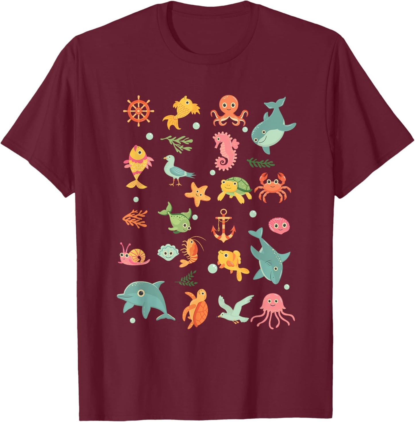 Cute Ocean Creatures Clownfish Sea Animals Kids Children T-Shirt - T-Shirt | Maroon