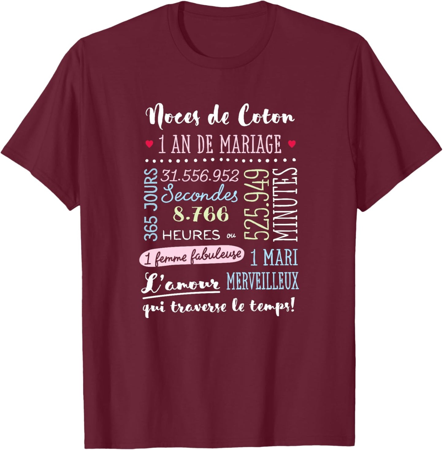 Cadeau d'anniversaire 1 an de Mariage - Noces de Coton Haut de Gamme T-Shirt - T-Shirt | Maroon