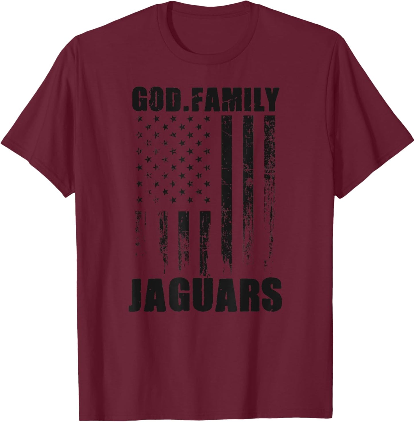 Blue Valley West Jaguars God. Family. Vintage USA Flag T-Shirt - T-Shirt | Maroon