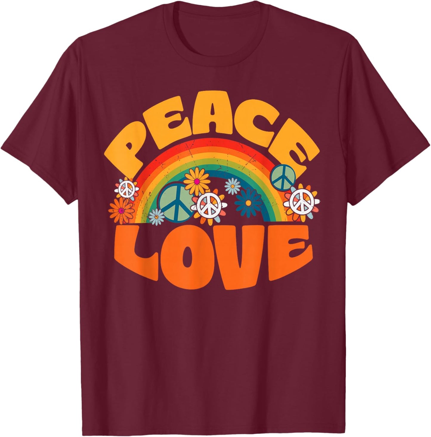 Peace Sign Love Shirt 1960s & 70s Print Tie Dye T-Shirt - T-Shirt | Maroon
