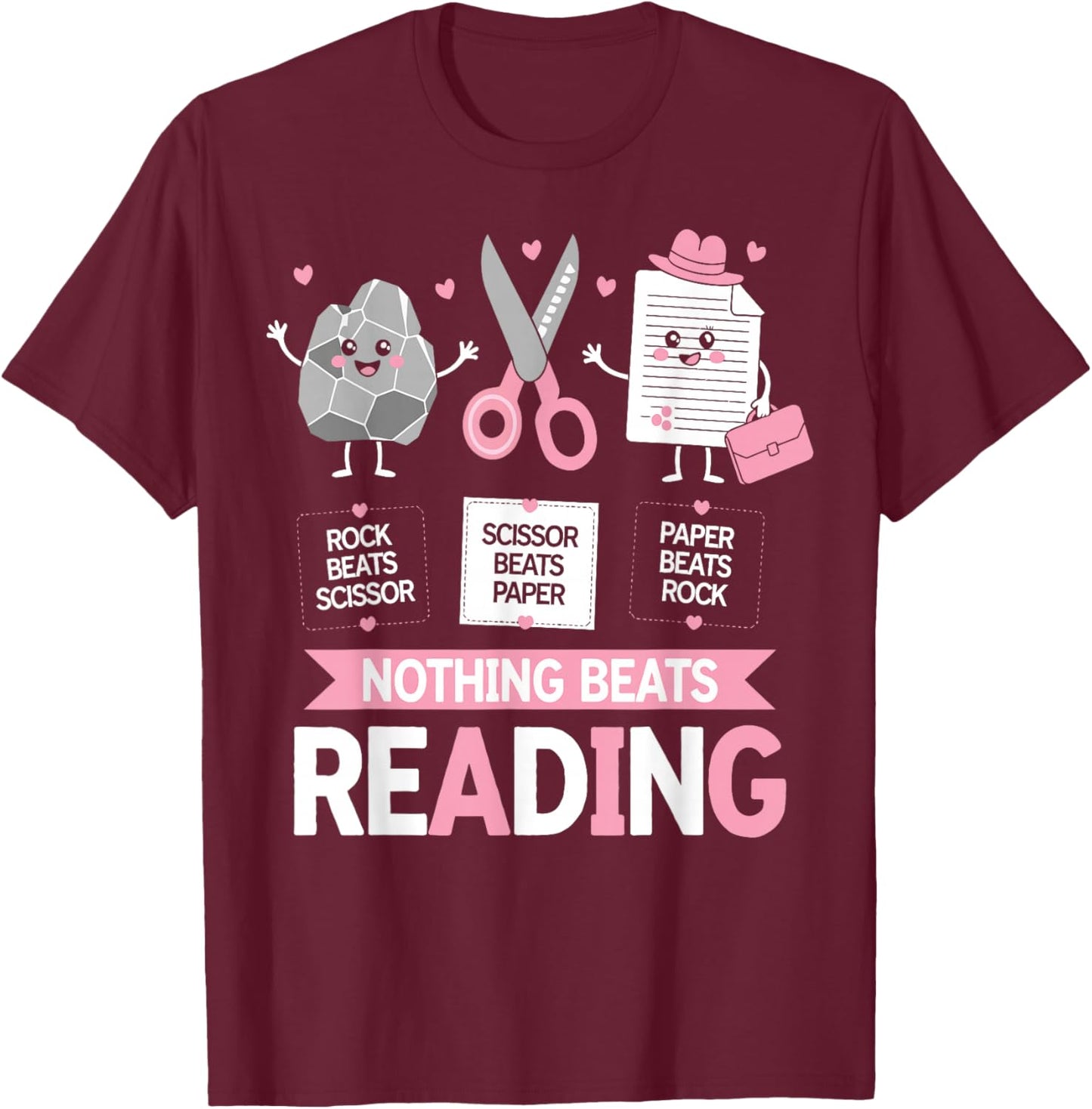 Nothing Beats Reading Funny Rock Paper Scissors Book Lover T-Shirt - T-Shirt | Maroon