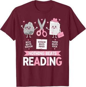 Nothing Beats Reading Funny Rock Paper Scissors Book Lover T-Shirt - T-Shirt | Maroon