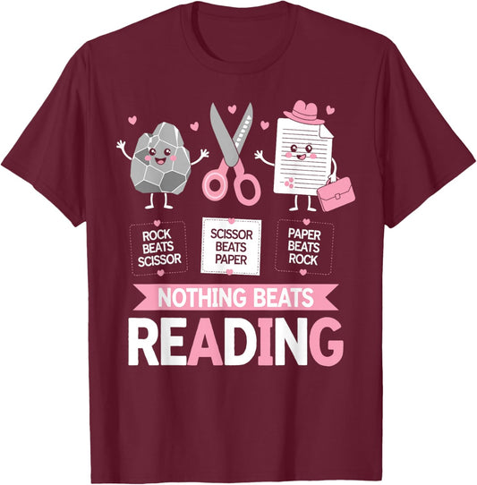 Nothing Beats Reading Funny Rock Paper Scissors Book Lover T-Shirt - T-Shirt | Maroon