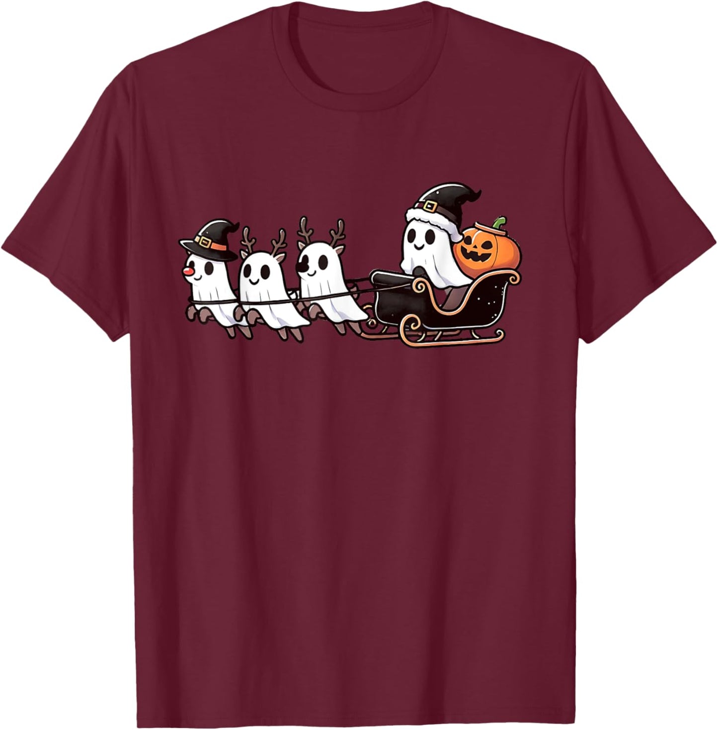 Halloween Christmas Santa's Reindeer Ghost Happy Ghost T-Shirt - T-Shirt | Maroon