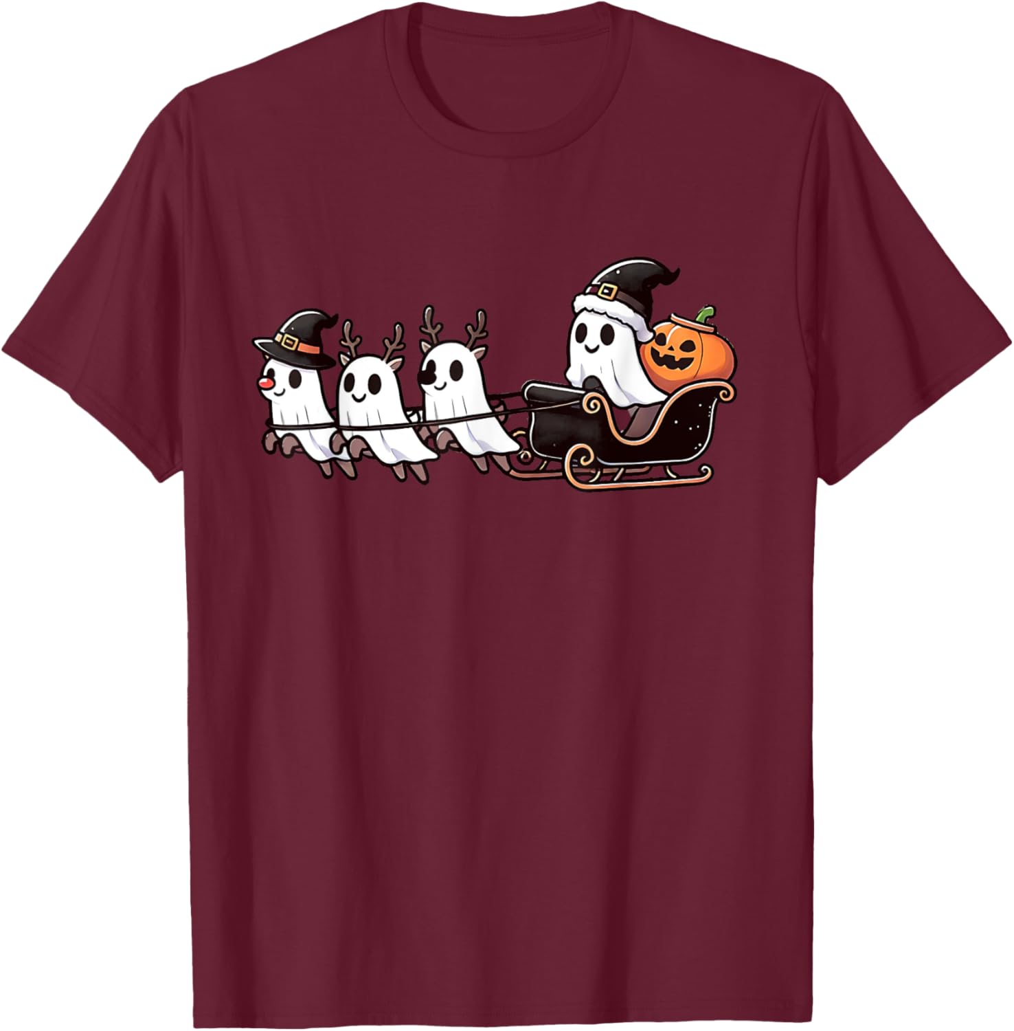 Halloween Christmas Santa's Reindeer Ghost Happy Ghost T-Shirt - T-Shirt | Maroon