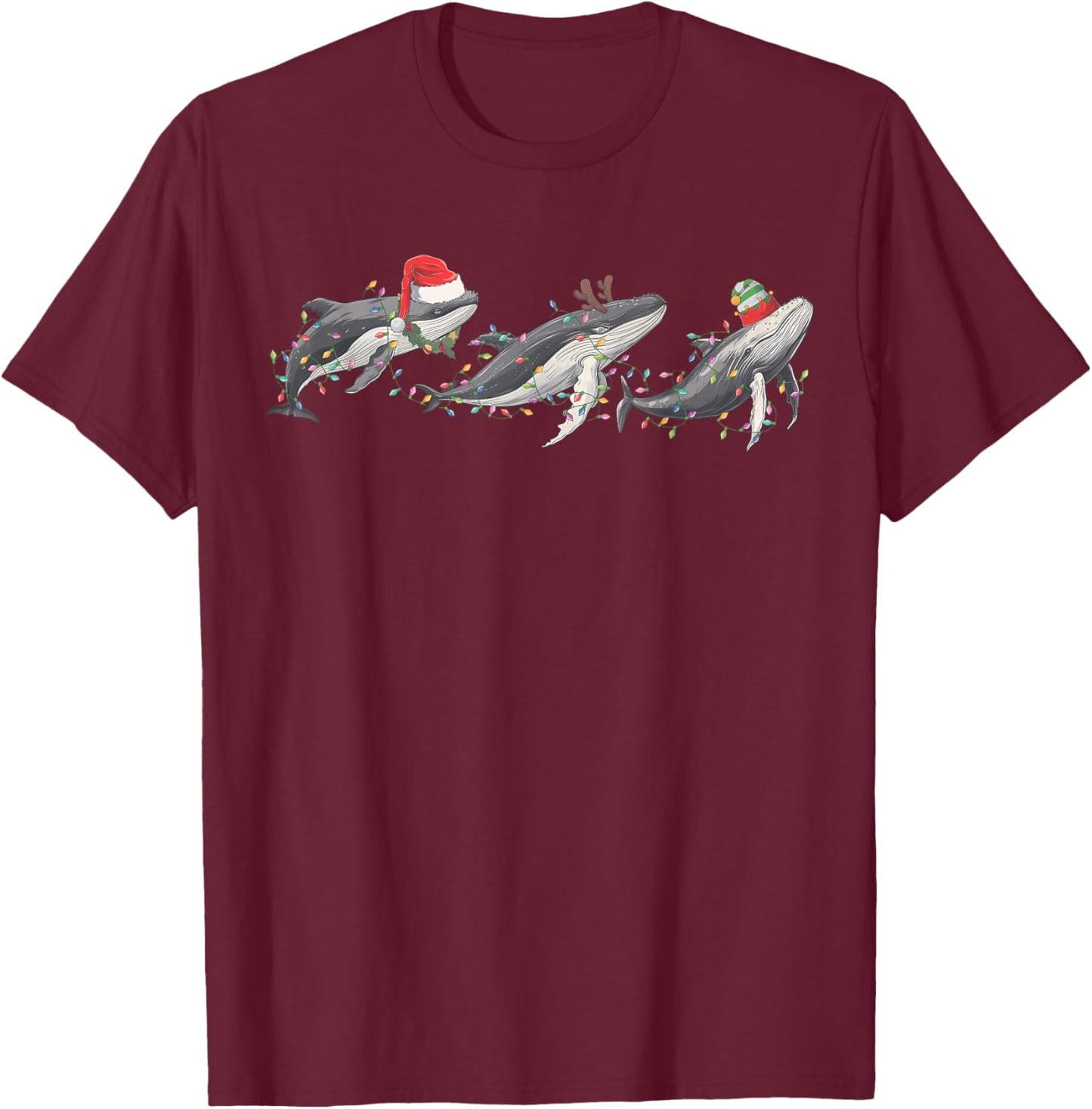 Whale Santa Hat Christmas Lights Reindeer Ocean Whales Lover T-Shirt - T-Shirt | Maroon