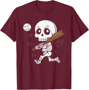 Skeleton Playing Baseball T-Shirt - T-Shirt | Maroon