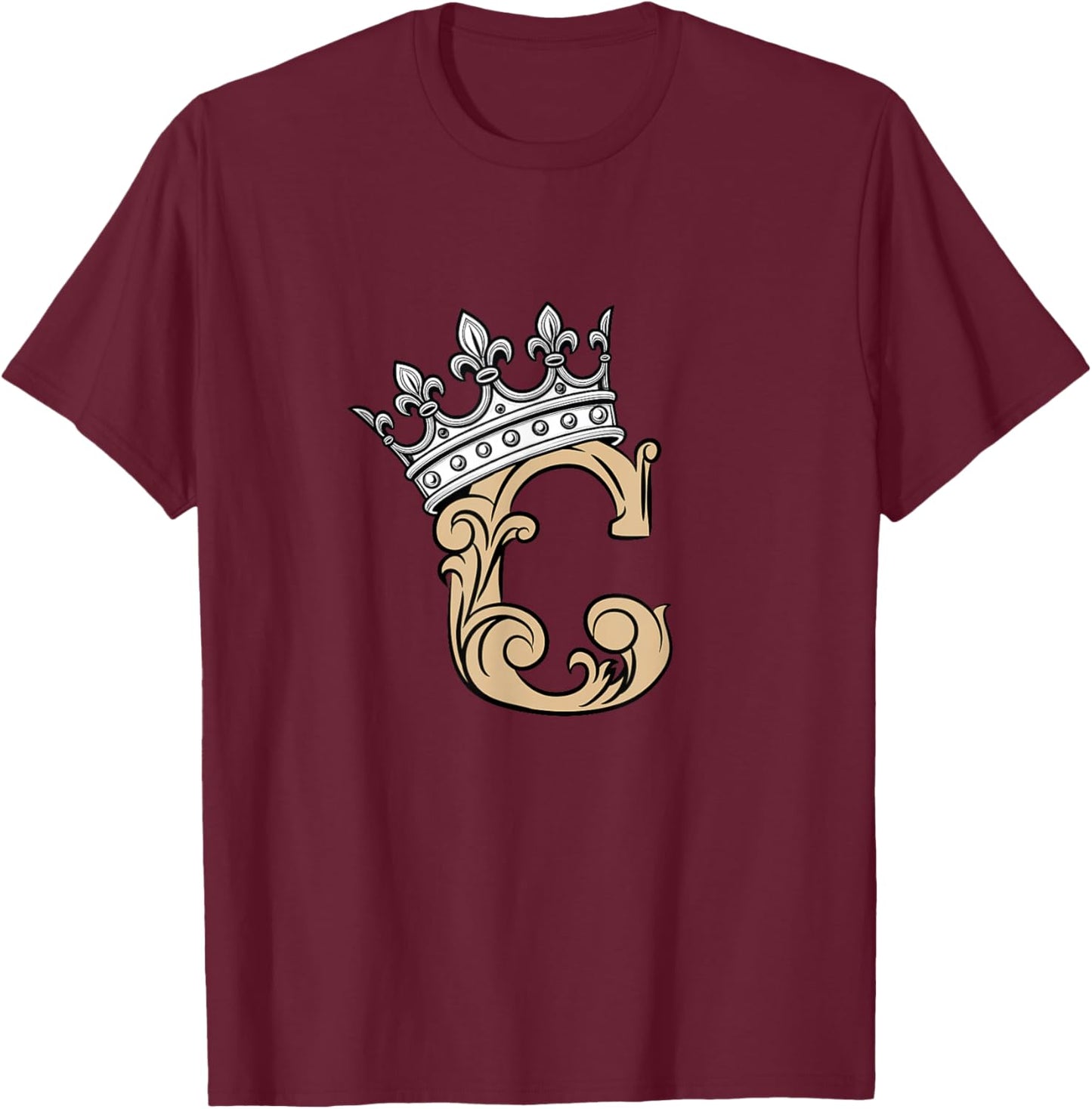 Tan Color Letter C Initial + Crown Tan Graphic T-Shirt - T-Shirt | Maroon