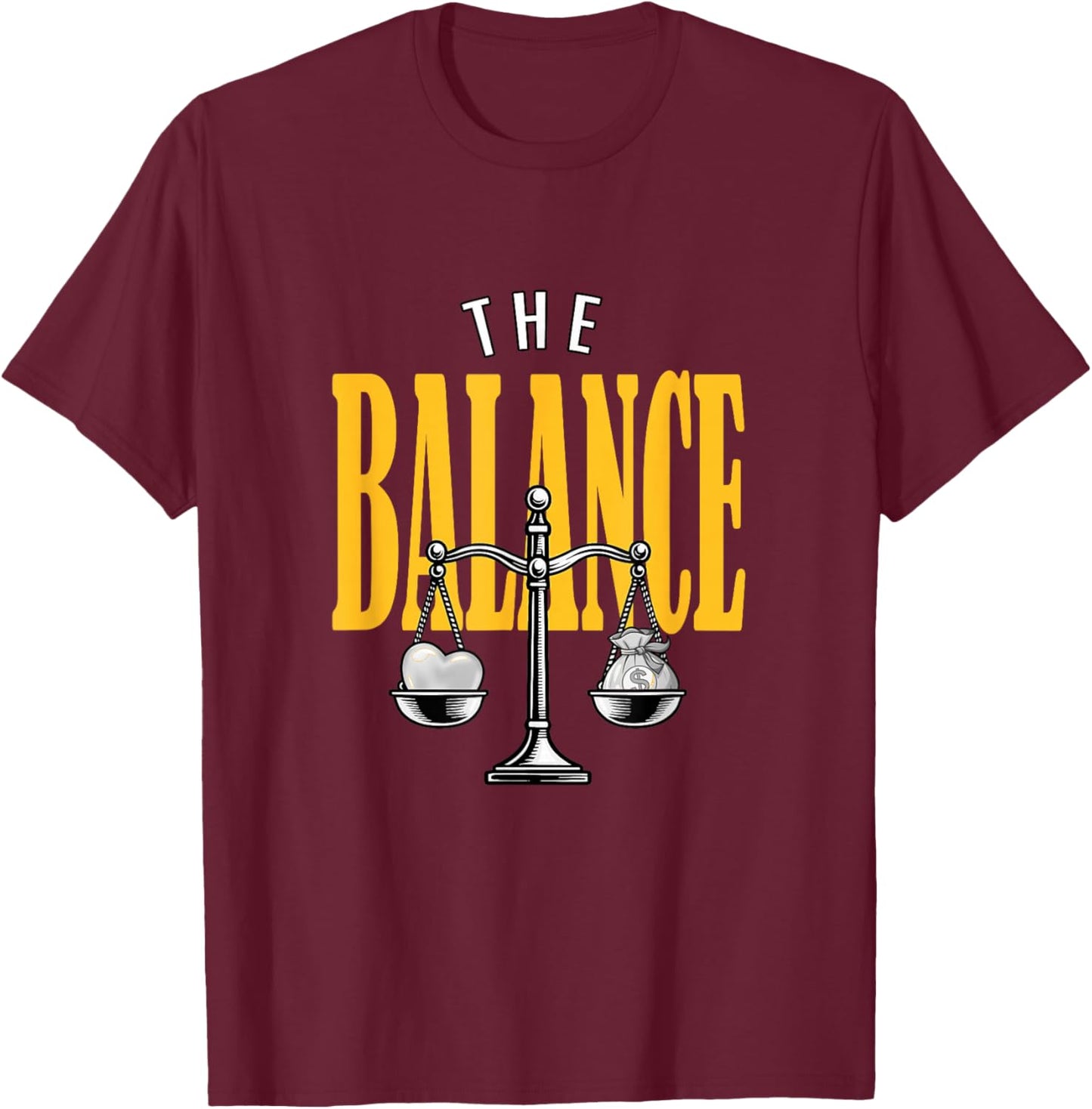 University Varsity-Gold Color Love Money Balance Yellow T-Shirt - T-Shirt | Maroon