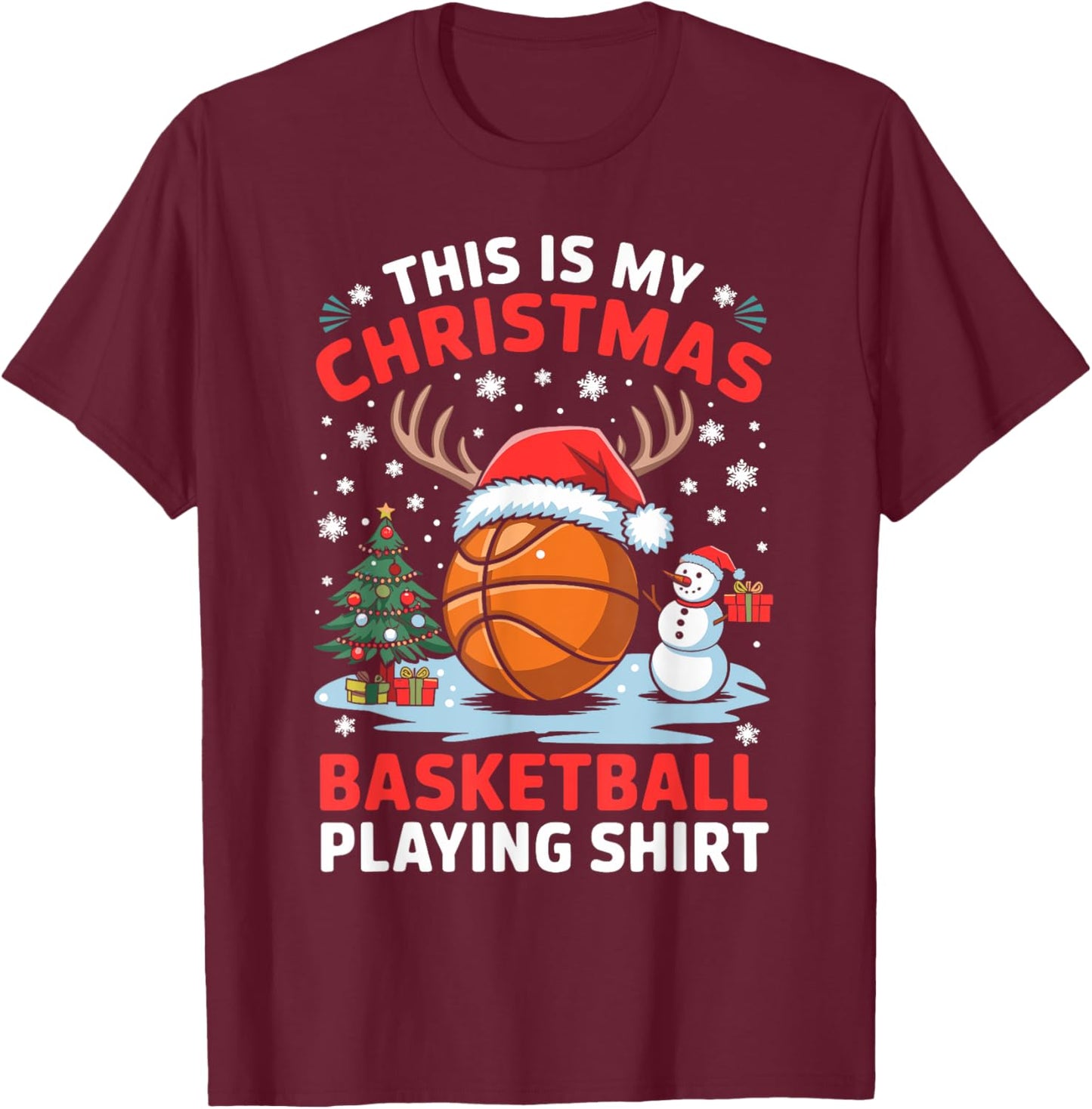 Christmas Basketball Player Santa Hat Basketball Christmas T-Shirt - T-Shirt | Maroon
