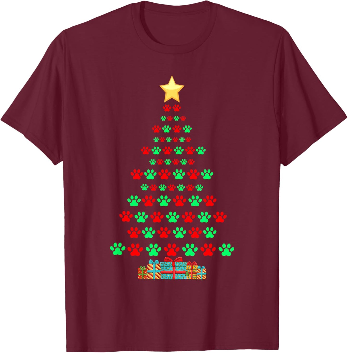 Super Cute Dog Paws Print Christmas Tree T-Shirt - T-Shirt | Maroon