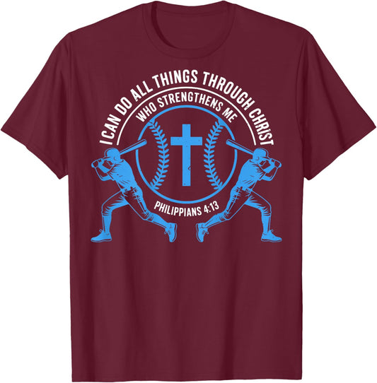 Boys Baseball Christian-Shirt Softball I Can Do All Things T-Shirt - T-Shirt | Maroon
